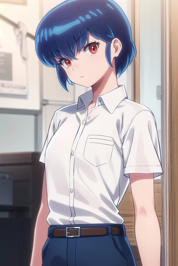 ryuunosukefujinami, <lora:ryuunosuke fujinami s1-lora-nochekaiser:1>,
ryuunosuke fujinami, short hair, blue hair, (red eyes:1.2),
BREAK shirt, school uniform, (white shirt:1.5), short sleeves, collared shirt, belt, pants,
BREAK indoors, classroom,
BREAK looking at viewer, (cowboy shot:1.5),
BREAK <lyco:GoodHands-beta2:1>, (masterpiece:1.2), best quality, high resolution, unity 8k wallpaper, (illustration:0.8), (beautiful detailed eyes:1.6), extremely detailed face, perfect lighting, extremely detailed CG, (perfect hands, perfect anatomy),