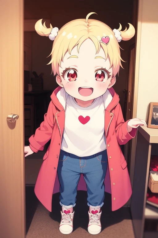 college age, <lora:Hugtan:0.7> Hugtan, 1girl, soro, blonde hair, red eyes, short hair, hair ornament, heart hair ornament, short twintails, , eyelashes, smile, standing, room, open mouth,
long coat, 17 years old, ãlong pants,