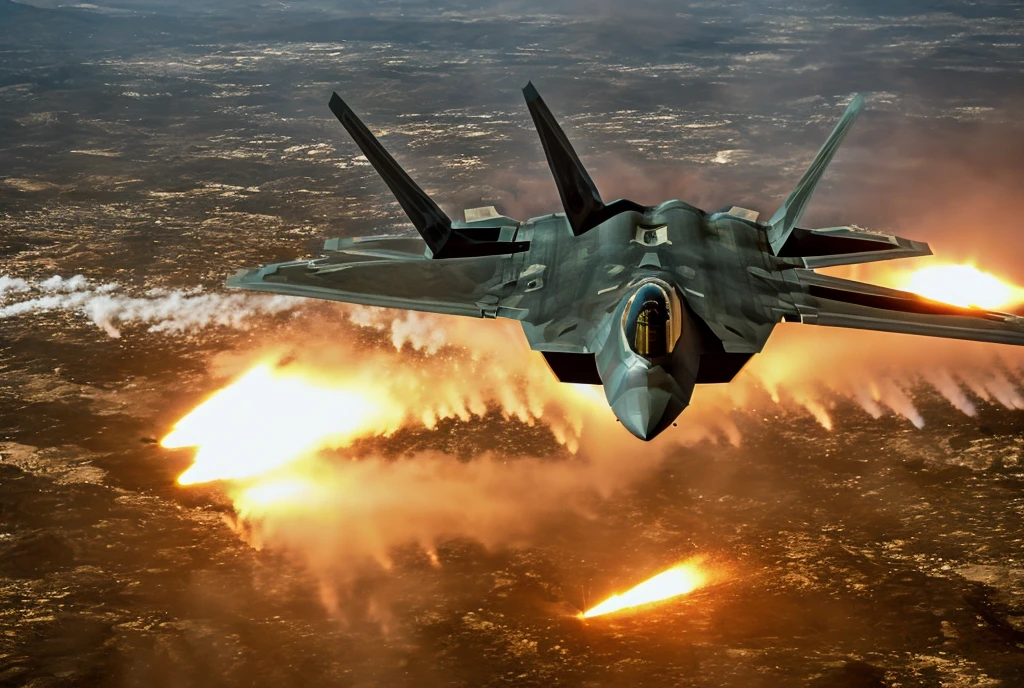 f22,f22 for real effects,analog gloomy aerial photo of a (F-22Raptor plane, ((nighttime)), (flying low through a city on fire), (explosions in the background), (tracer gunfire),  High Detail, Sharp focus, (photorealism), realistic, best quality, 8k, award winning, dramatic lighting, epic, cinematic, masterpiece, rim light, (action movie), war,  depth of field, dutch angle, motion blur, <lora:F22:0.9>