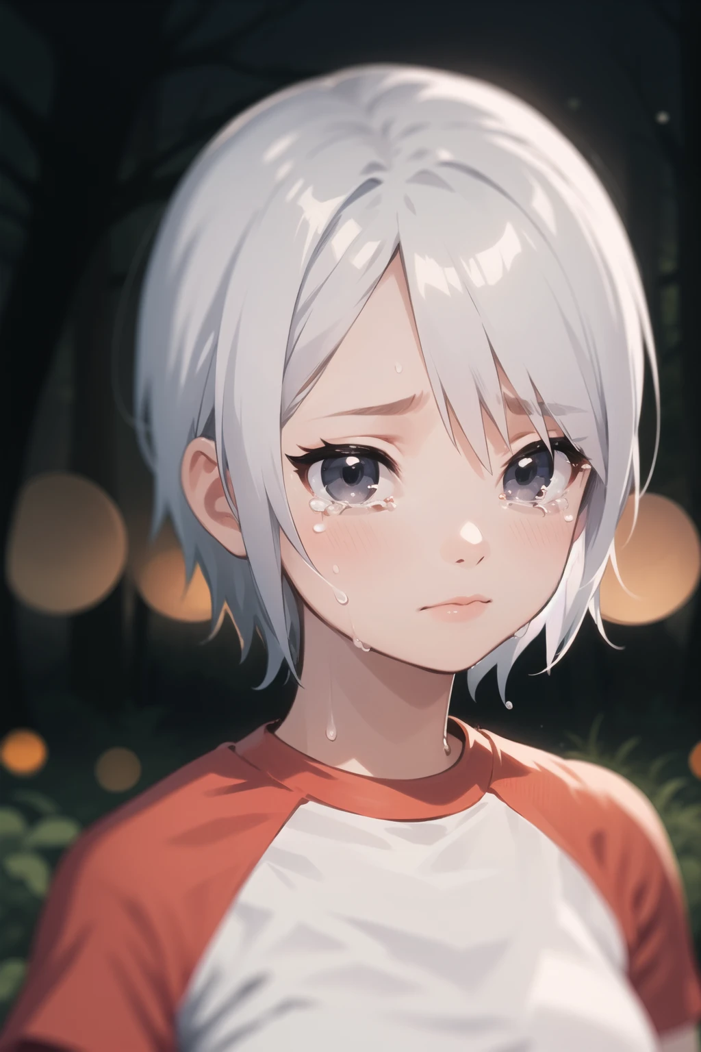 <lora:acashley-000045:1> ashley mizuki robbins, (raglan sleeves:1.1), short sleeves, cropped shirt, denim,
1girl, forest, night, blurry background, bokeh, looking at viewer, tears, black eyes, portrait