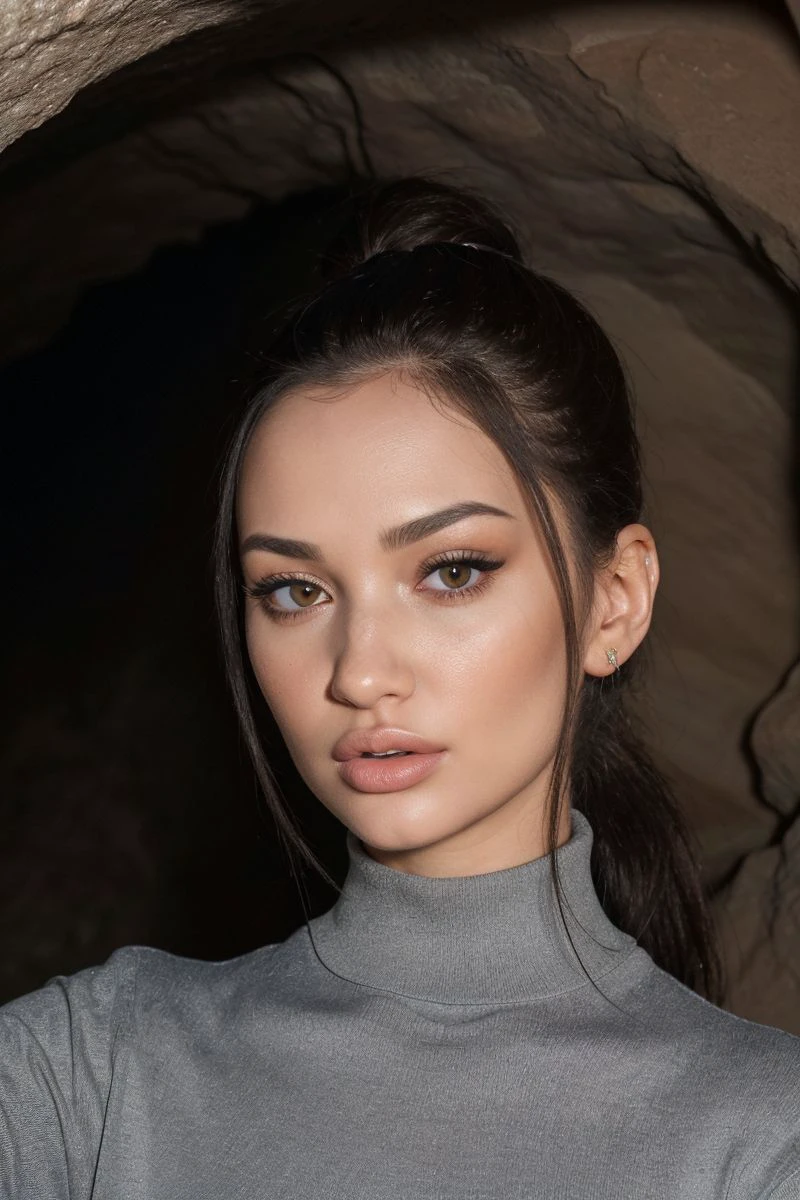 closeup headshot of S261_AlinaGorohova,a beautiful woman,in a (cave:1.1),wearing a (turtleneck:1.1),(ponytail),(4k, RAW photo, best quality, depth of field, ultra high res:1.1),(absurdres, intricate, photorealistic, masterpiece, ultra-detailed:1.2),