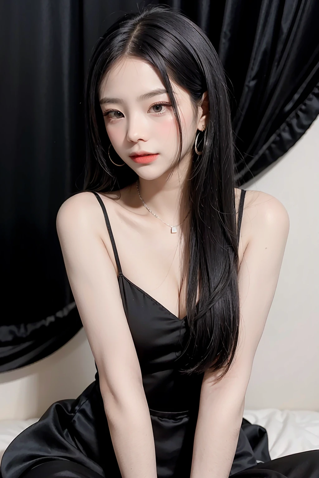 araffe woman with long black hair and red lipstick posing for a picture, she has black hair with bangs, long black hair with bangs, cruel korean goth girl, long hair with full bangs, with full bangs, long dark hair with bangs, long hair with bangs, with bangs, hair blackbangs hair, ulzzang, lalisa manobal