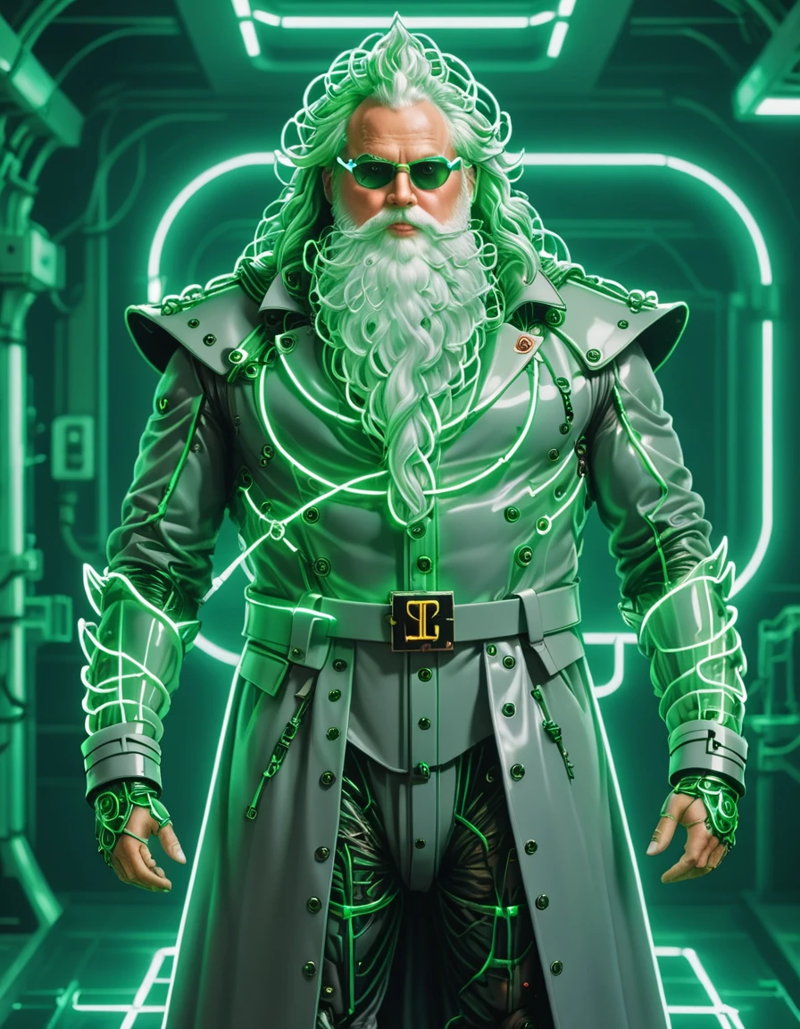 an AI Santa Overlord Donning a matte-gray trench coat with neon piping, accompanied by dark, visor-style eyewear.