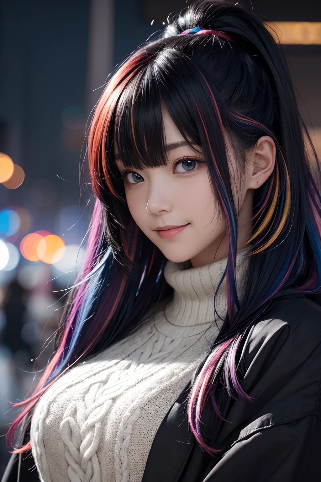 incredibly absurdres absolutely resolution, ultra detailed, official art, 8K wallpaper, masterpiece,
BREAK
bokeh photography, soft focus, multiple exposure, feeling of transparency, reflected light, led lighting,
BREAK
couture design coat, (oversized:1.4) sweater,
BREAK
(multicolor hair:1.4), enormous breasts, Black hair, seductive smile, bashfully smile, mysterious aura,