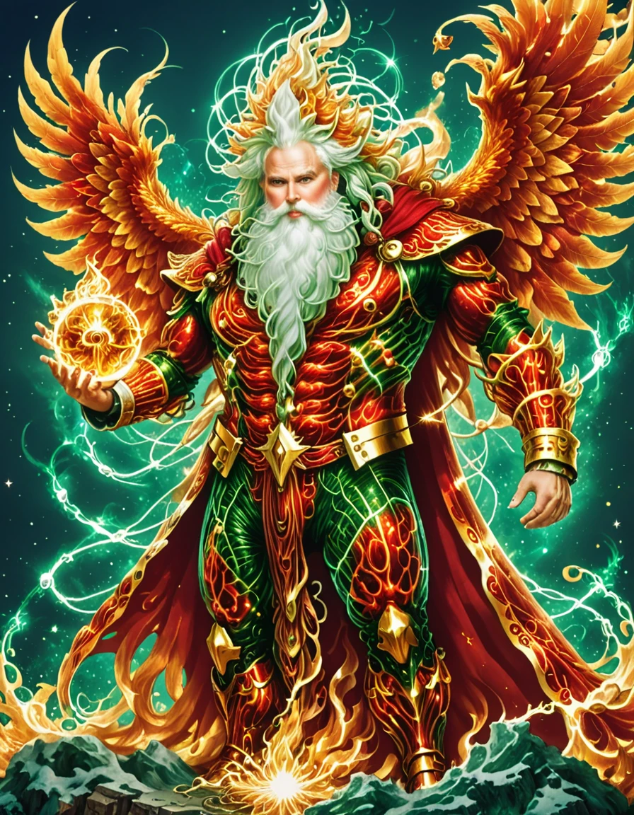 an AI Santa Overlord, A fiery phoenix, reborn from flames, symbolizing rebirth and renewal.