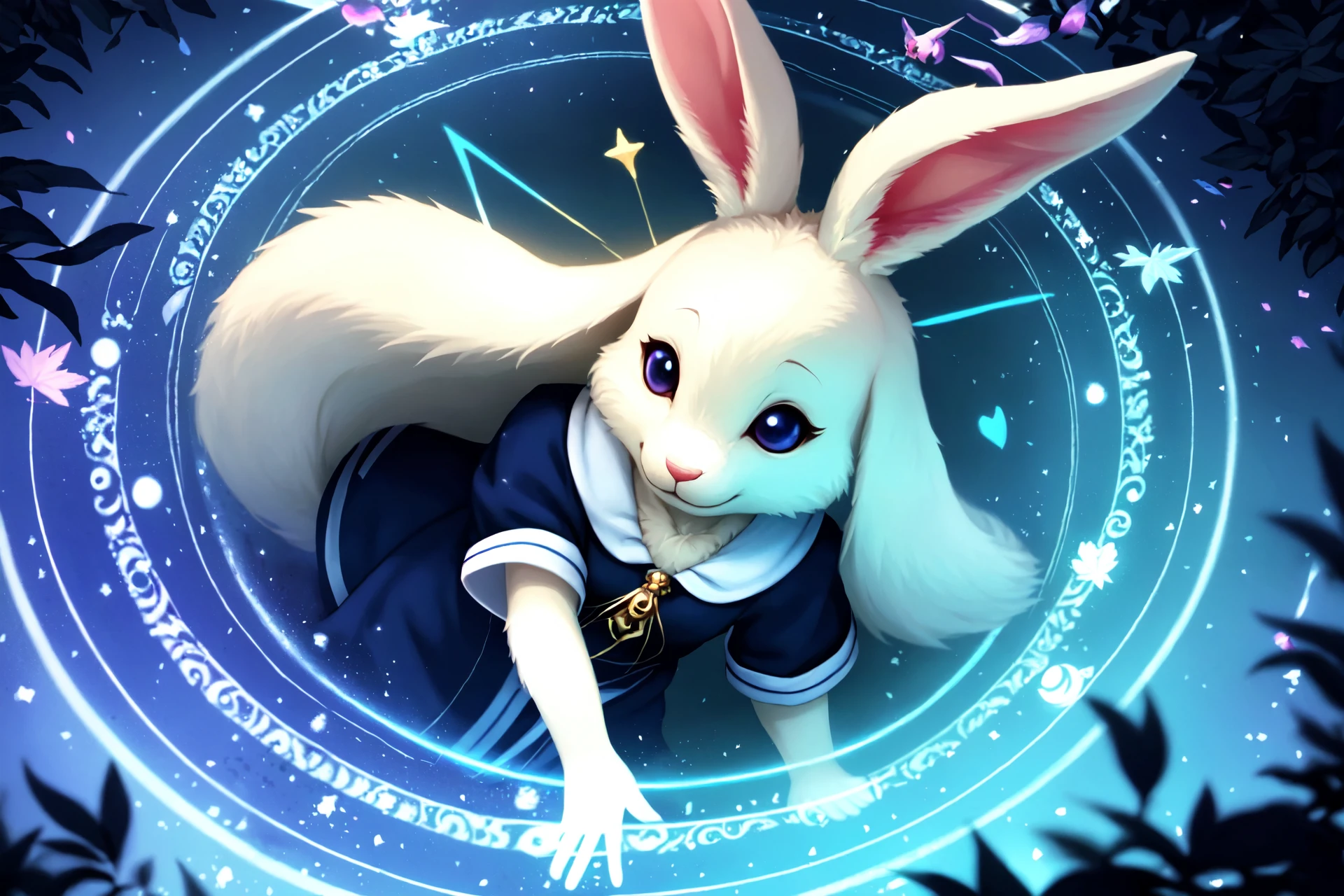 haru, furry female anthro, rabbit girl, white fur, petite, (body fur:1.2), detailed fluffy fur, smile, black eyes, (chibi:0.9), many rings, cute, adorable, (shirt),
best quality, masterpiece, illustration, ultra-detailed, beautiful detailed eyes, (1girl:1.3),
magician, enchanting spell, high-angle view, magical forest, otherworldly beauty, casting pose, invocation effects, soft and ethereal light, fantastical atmosphere, mystical creatures, empowering allies, enhancing abilities, elemental magic, swirling energy, pulsating aura, determination, support, vibrant colors, glowing runes, levitating, swirling leaves, teamwork, magical bonds, protective shield, guiding light, shimmering particles, enchanted surroundings, harmony with nature, hope, wisdom, ancient secrets, celestial beings, arcane knowledge, mystic symbols, spellcasting, elemental forces,
([Very Dark], extreme contrast),
vibrant colors, contrast,
soft lighting, soft shadows, detailed textures, dynamic lighting,
<lyco:haru-v1-locon:0.6>