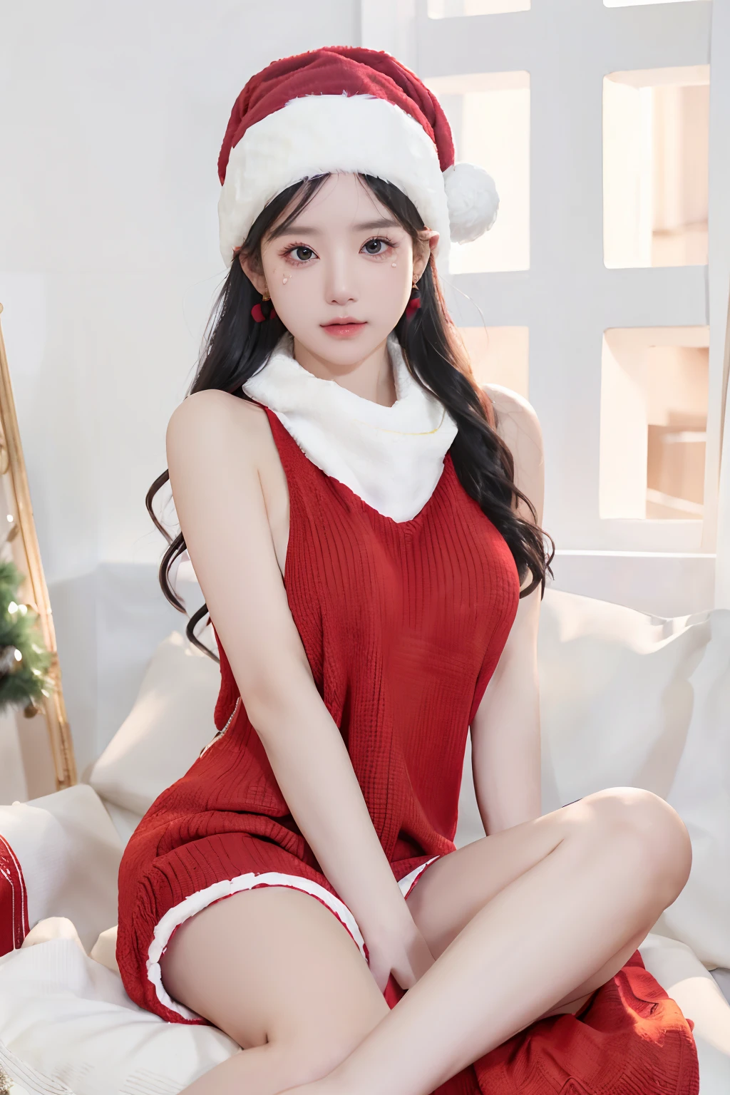 <lora:christmas_sweater_v3:0.7>,1girl,red virgin killer sweater,christmas hat,
solo,long hair,breasts,looking at viewer,black hair,dress,sitting,full body,earrings,barefoot,blurry,black eyes,realistic,sitting on chair,
DSLR,(Good structure),HDR,UHD,8K,A real person,Highly detailed,best quality,masterpiece,1girl,realistic,Highly detailed,(EOS R8, 50mm, F1.2, 8K, RAW photo:1.2),ultra realistic 8k,(best illumination, best shadow, extremely delicate and beautiful),(official art, beautiful and aesthetic:1.2),