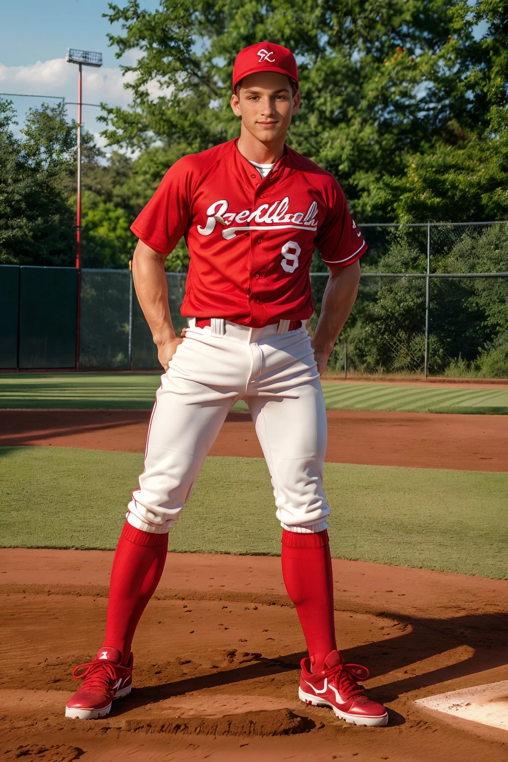 outdoors, baseball field, standing at second base, TravisWade is a baseballplayer, slight smile, baseball uniform, (red baseball cap), (red jersey), white pants, (red socks), long socks, (black sneakers), looking at viewer, masterpiece, ((full body portrait)) <lora:TravisWade:0.8> <lora:Clothing - Sexy Baseball Player:0.6>