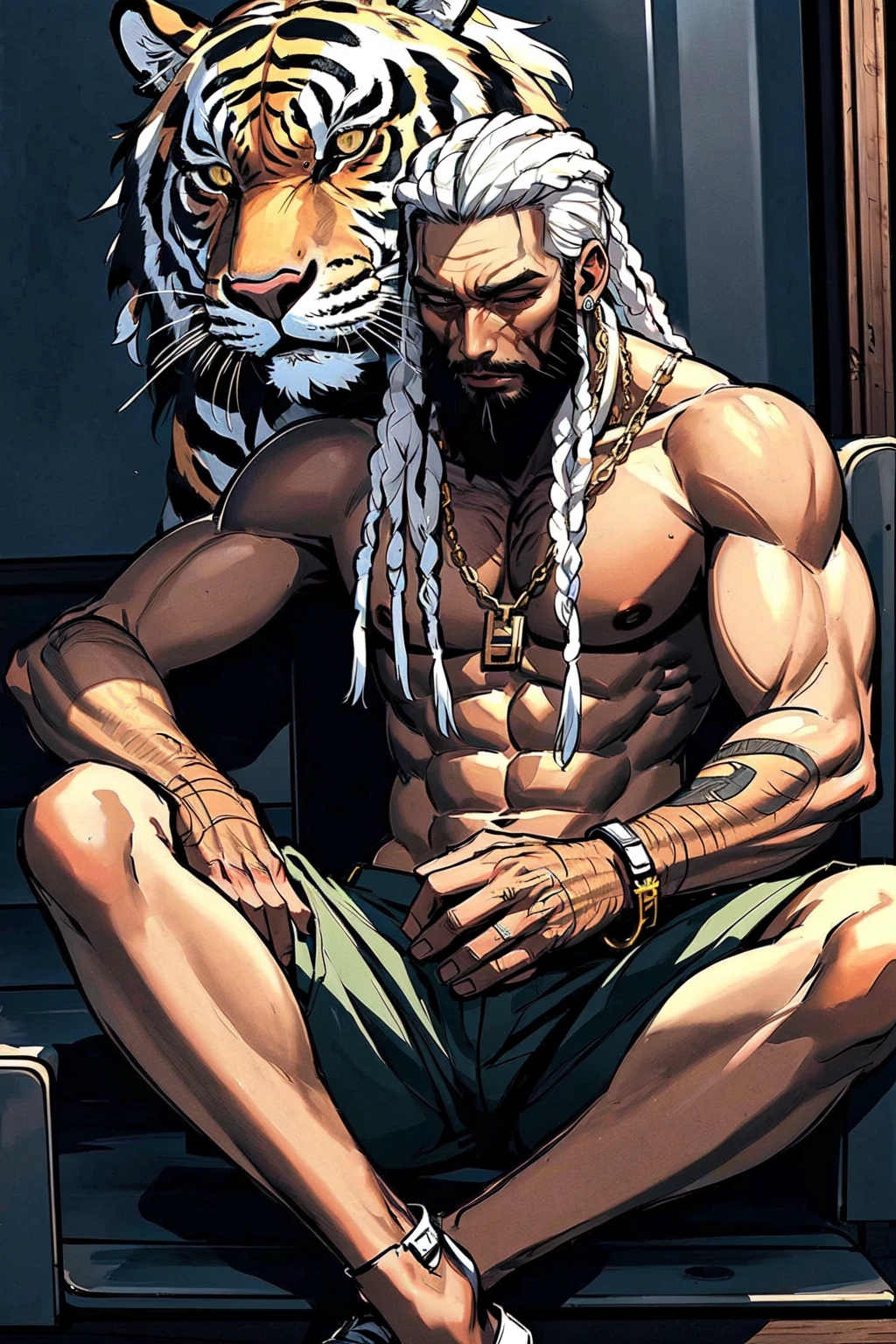 (masterpiece, highres, detailed),1boy,dark skin,jewelry,<lora:africandreadlocks:0.7>,(white hair),dreadlocks,black beard,sitting around the tiger,tiger,animal,sleeping,