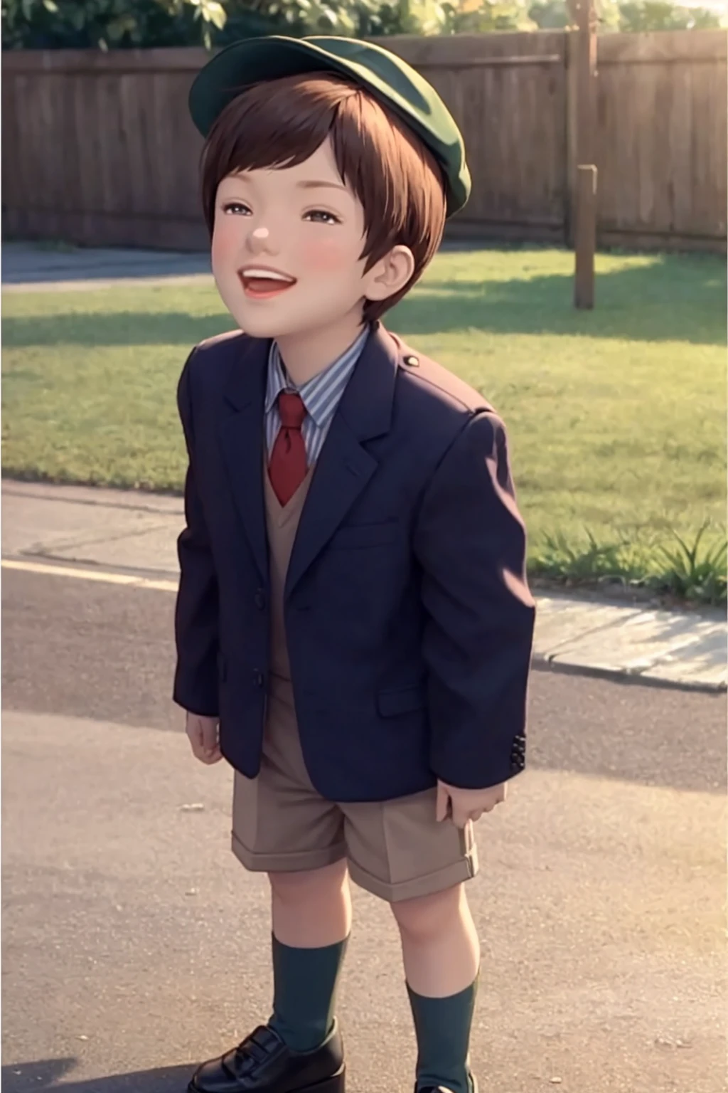 masterpiece, best quality, highly detailed, (perfect lighting, photorealistic:1.5), 1boy, mannequin, <lora:Mikey_Fuccon_v1-000185:0.8>, (from below, full body:1.3), standing, residential street, blue suit jacket, necktie, blue shorts, green striped socks, black shoes, multicolored clothes, multicolored legwear, big smile, teeth, blue eyes, green hat, forehead, short hair, (looking up:0.3), (open mouth:0.3),