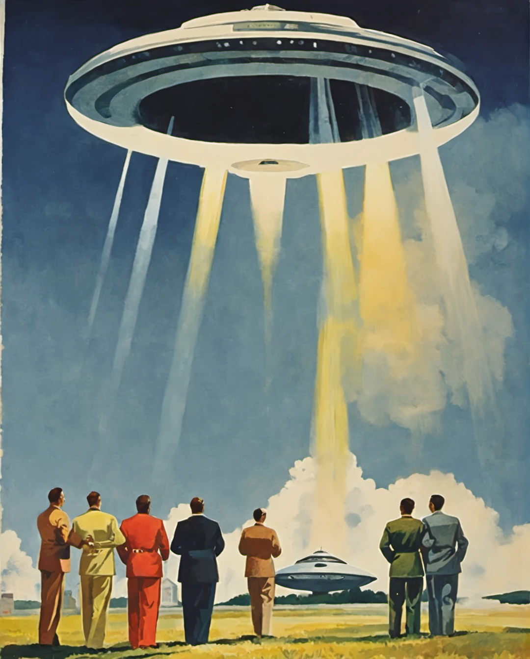 ihap hulusi görey style, best quality, detailed masterpiece, illustration of a group of men standing next to ufo <lora:ihap_xl:1>