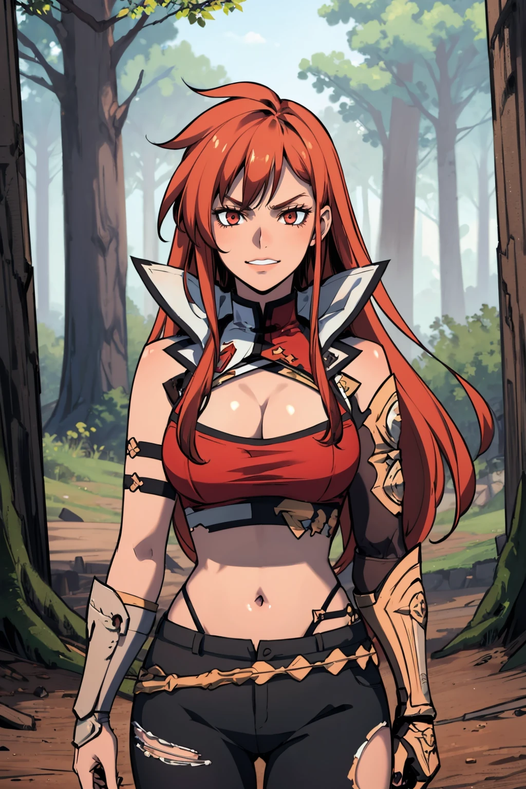masterpiece, best quality, 1girl, solo <lora:jishuka-nvwls-v1-000008:0.8> jishuka, sidelocks, popped collar, red crop top, cleavage cutout, torn pants, single gauntlet, asymmetrical legwear, cowboy shot, standing, looking at viewer, furrowed brow, smirk, fire, wasteland, forest