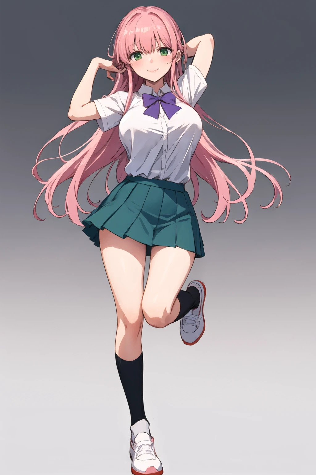 masterpiece, best quality, 1girl, solo, long hair, breasts, looking at viewer, blush, smile, bangs, skirt, large breasts, simple background, shirt, white background, bow, closed mouth, school uniform, green eyes, standing, full body, white shirt, pink hair, short sleeves, pleated skirt, shoes, socks, collared shirt, miniskirt, bowtie, huge breasts, arm up, gradient, kneehighs, gradient background, white footwear, standing on one leg, green skirt, black socks, purple bow, shirt tucked in, uwabaki, purple bowtie, tented shirt <lora:Marugoshi-Style-v1_137976:1>