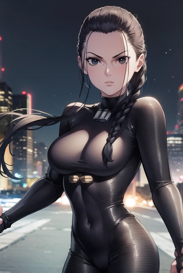 seisakuraoka, <lora:sei sakuraoka manga-lora-nochekaiser:1>,
sei sakuraoka, braid, black hair, (black eyes:1.5), single braid,
BREAK bodysuit, black bodysuit
BREAK outdoors, city, night, sky, starry sky, moon,
BREAK looking at viewer, (cowboy shot:1.5),
BREAK <lyco:GoodHands-beta2:1>, (masterpiece:1.2), best quality, high resolution, unity 8k wallpaper, (illustration:0.8), (beautiful detailed eyes:1.6), extremely detailed face, perfect lighting, extremely detailed CG, (perfect hands, perfect anatomy),