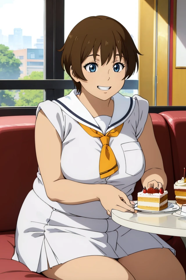 masterpiece, extremely detailed,anime, perfect lighting,1girl, solo, <lora:mikomoto1st_e05:0.8>mikomoto,serafuku,school uniform,white skirt,rolled up sleeves,full body,Distinguish between background and character,cafe,sitting,couch,cake slice, parfait, on table,(plump:1.1), large breasts, grin,(dark skin:0.6),upper body,