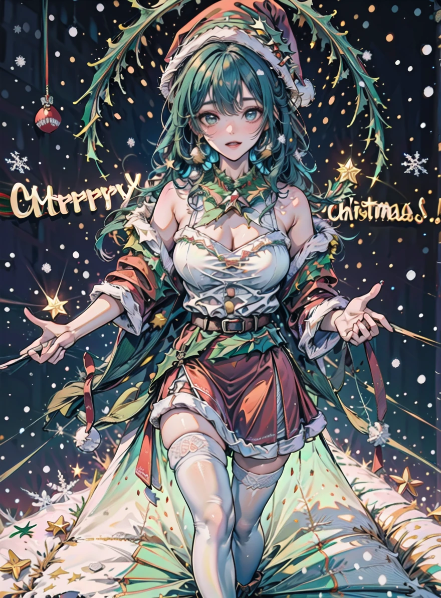 Mrs Claus,  skindentation,  gossamer,  Woman in a green victorian costume,  leather jacket,  retro theme,  braids,  makeup,  eyeliner,  santa hat,  plaid green full skirt,  christmas theme,  inked lines,  best illustration,  officical art,  green, sensual, sexy, gothic, action pose, femme,  teamgreenstyle,  dynamic angle,  semi realistic,  2.5d,  side lighting,  LUT movie style,  back lighting,  magic,  Rembrandt lighting,  Santa Overlords Style,  holidayxl style , vantage point, kemonomimi, 4 point perspective, indoors <lora:TeamGreenStyle:0.5>, <lora:SantaOverlordsStyle:0.3>, <lora:HolidayIdidalittlebit:0.25>