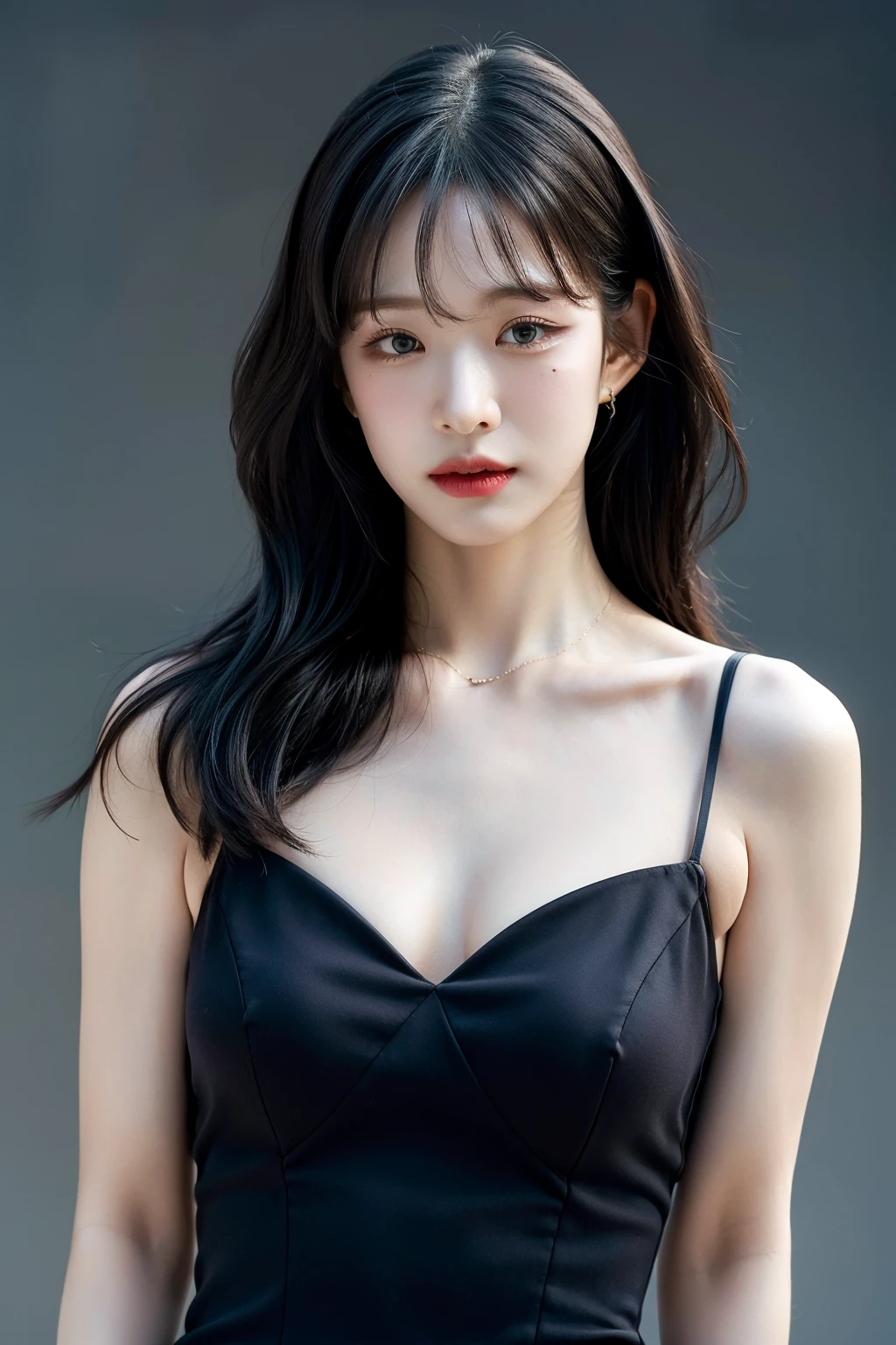 Best quality, masterpiece, ultra high res, (photorealistic:1.4), raw photo,1girl, solo, realistic, looking at viewer, upper body,simple gray background, black dress, <lora:makina69_leechaeyoung_v2.0:1>,  <lora:add_detail:0.7>