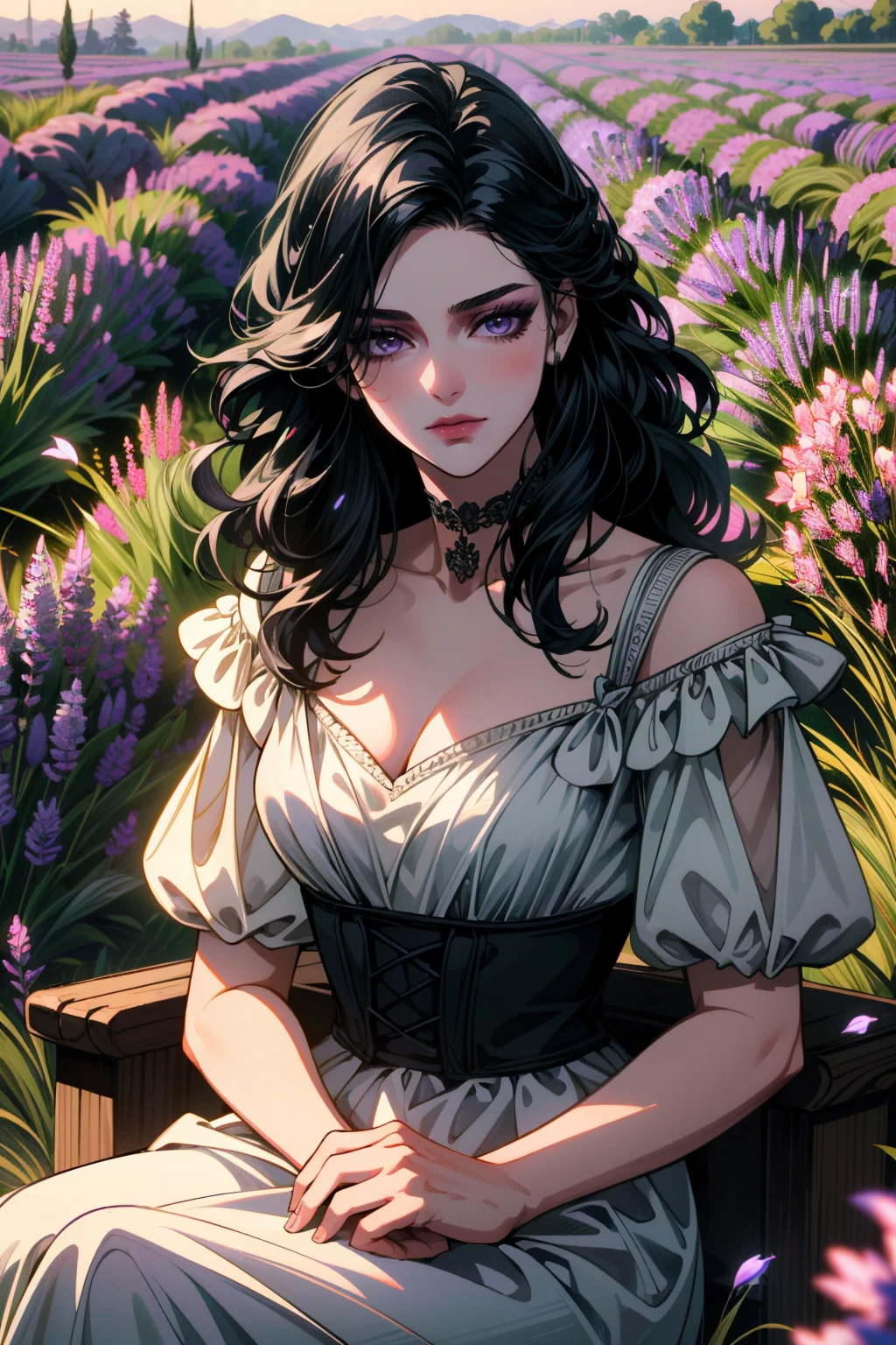 ((ultra detailed, masterpiece, best quality))
<lora:W3Yennefer:0.8>
W3Yennefer, 1girl, solo, purple eyes, dress, Within a field of lavender, serene seated pose, soft morning light, with rows of lavender creating a serene and fragrant atmosphere