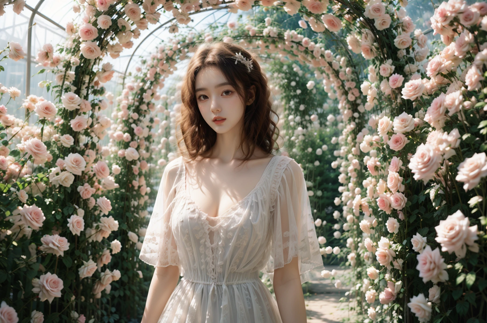 photography,(a holy and beautiful girl:1.2),(wife:1.3),(goddess:1.2),(wearing a white wedding dress:1.2),(sheer texture:1.1),(pygal:1.2),(cleavage:1.1),(bustle:1.1),(headdress:1.1),marry,happiness,(smile:1.1),
<lora:Flower Tunnel_20231201005206-000018:0.76>,Flower Tunnel,(brilliant roses:1.2),(rim light:1.1),<lora:è±ç°é_v1.0:0.5>,, (masterpiece:1,2), best quality, masterpiece, highres, original, extremely detailed wallpaper, perfect lighting,(extremely detailed CG:1.2ï¼