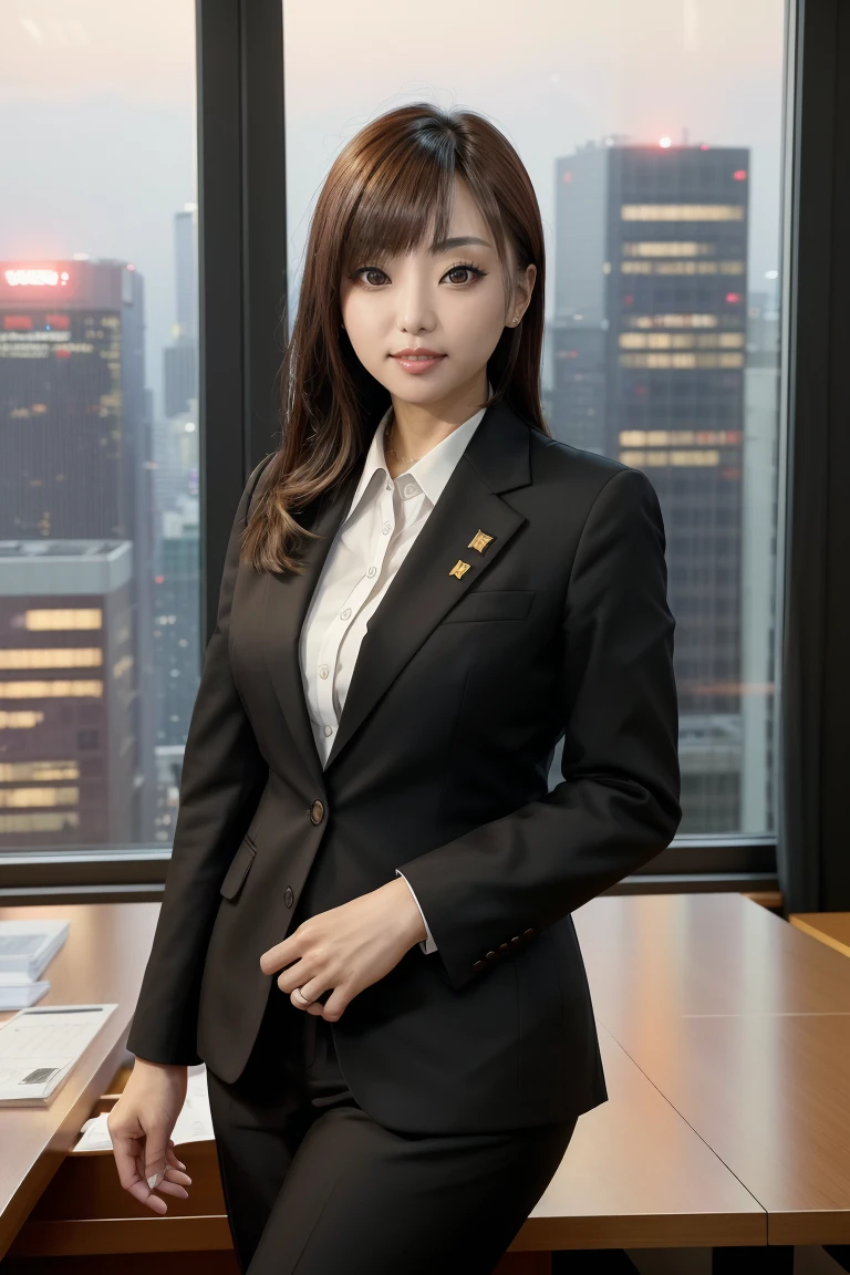 Raw photo, portrait, from front, YuuSaku, business suit, shot on Nikon D3300, 8k, uhd, highly detailed, masterpiece, Forbes Magazine, indoors, boardroom, windows, cityscape, Shinjuku, night, confident, powerful, seductive <lora:YuuSaku_v2:1> <lora:XenoDetailer_v2:0.1>