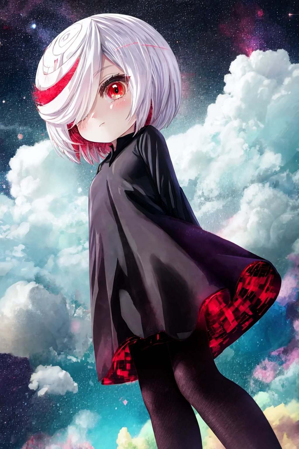 sthsage, child, short hair, white hair, multicolored hair, hair over one eye, red eyes, black dress, black pantyhose, sitting, embarrassed, blush, city <lora:sage-v6:1>