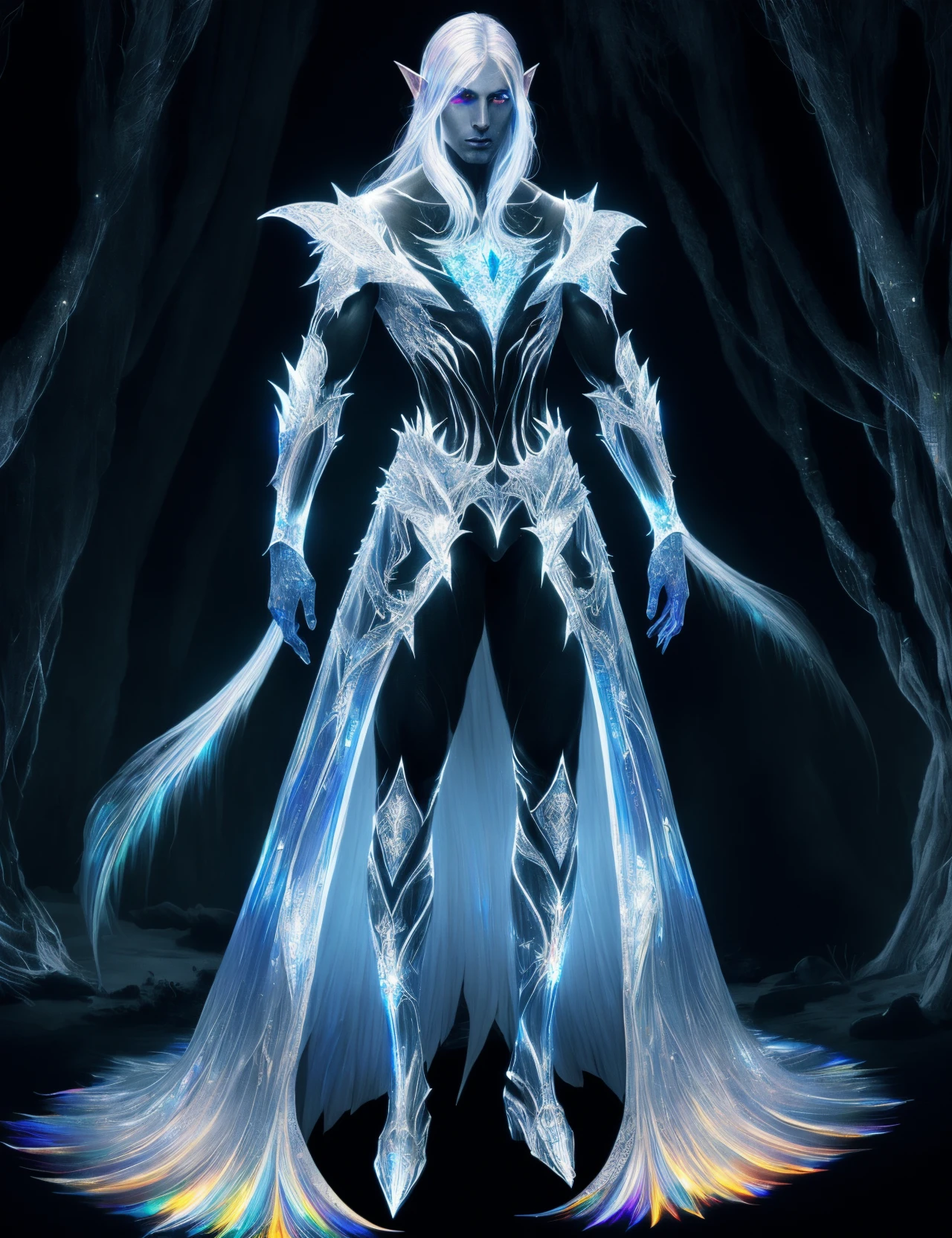 hyper detailed masterpiece, dynamic, awesome quality,DonMSp3ctr4l,vibrant spectral,male drow, fictional elfish individual, slender agile build, ebony skin tone, sharp features, pointed ears, white hair, dark intricate rich ornamented armor, subterranean environments, elusive mysterious, dark nature, fantasy <lora:DonMSp3ctr4l-000008:0.8>
