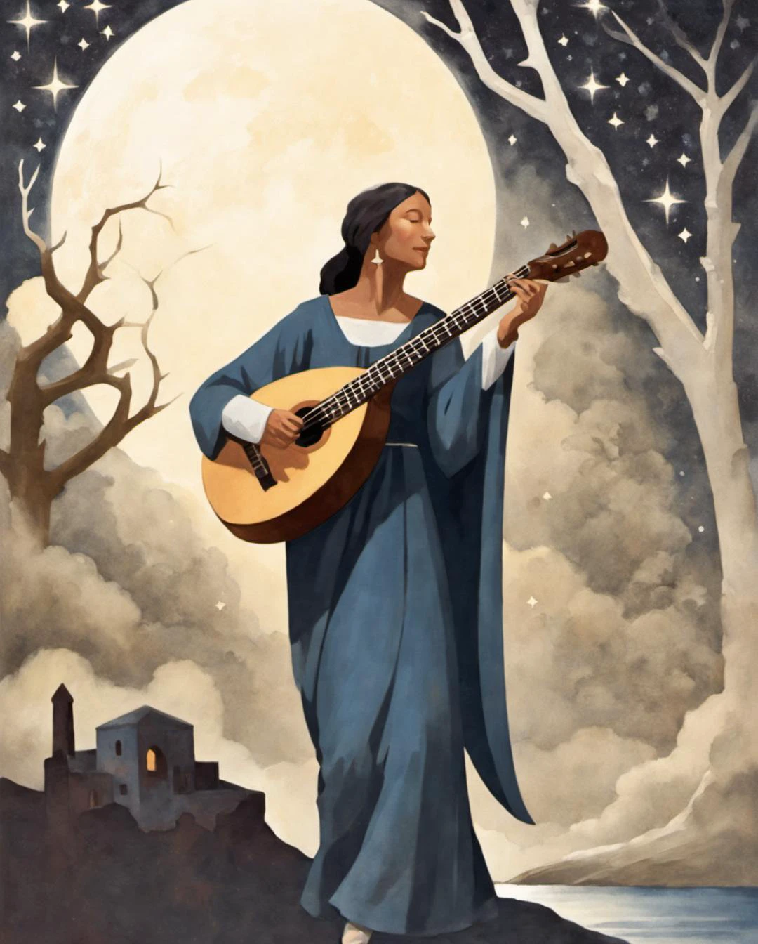 ihap hulusi görey, illustration of At a moonlit crossroads in a mystical realm, a bard with a lute and a cloak of stars serenades wandering spirits. The melodies weave tales of love and loss, and the spirits dance in a mesmerizing display. <lora:ihap_xl:1>