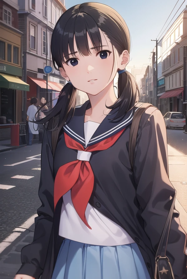 taekojima, <lora:tae kojima manga-lora-nochekaiser:1>,
tae kojima, bangs, twintails, black hair, (black eyes:1.5), low twintails,
BREAK serafuku, school uniform, shirt, blue shirt, blue sailor collar, long sleeves, skirt, blue skirt, neckerchief, red neckerchief,
BREAK outdoors, city, night, sky, starry sky, moon,
BREAK looking at viewer, (cowboy shot:1.5),
BREAK <lyco:GoodHands-beta2:1>, (masterpiece:1.2), best quality, high resolution, unity 8k wallpaper, (illustration:0.8), (beautiful detailed eyes:1.6), extremely detailed face, perfect lighting, extremely detailed CG, (perfect hands, perfect anatomy),