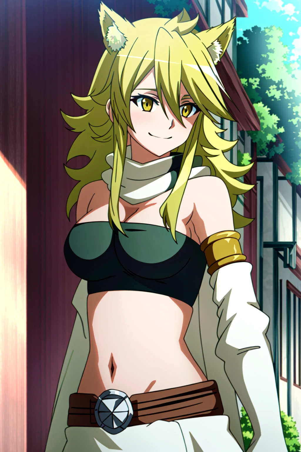 (extremely detailed CG unity 4k wallpaper),(masterpiece),(best quality),(ultra-detailed),(best illustration),(best shadow),(absurdres),(detailed background), <lora:OGT_Leone-v1:1> Leone, solo, 1girl, blonde hair, animal ears, anime coloring, long hair, yellow eyes, smile, extra ears, looking at viewer, outdoors, hair between eyes, tree, white scarf, scarf, sidelocks, upper body, medium breast, strapless, crop top, closed mouth