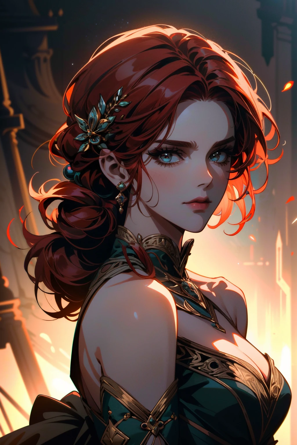 ((ultra detailed, masterpiece, best quality))
<lora:WTriss:0.8>
WTriss, 1girl, solo, red hair, hair ornament, dress, bare shoulders, jewelry, long hair, very detailed, dramatic lighting, electrical details, high details, 4k, 8k, trending on artstation, by Greg