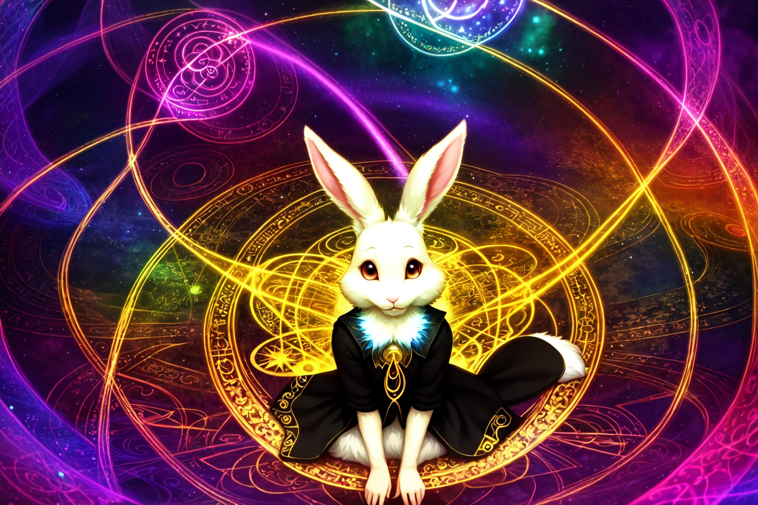 haru, furry female anthro, rabbit girl, white fur, petite, (body fur:1.2), detailed fluffy fur, smile, black eyes, (chibi:0.9), many rings, cute, adorable, (shirt),
best quality, masterpiece, illustration, ultra-detailed, beautiful detailed eyes, (1girl:1.3),
magician, enchanting spell, high-angle view, magical forest, otherworldly beauty, casting pose, invocation effects, soft and ethereal light, fantastical atmosphere, mystical creatures, empowering allies, enhancing abilities, elemental magic, swirling energy, pulsating aura, determination, support, vibrant colors, glowing runes, levitating, swirling leaves, teamwork, magical bonds, protective shield, guiding light, shimmering particles, enchanted surroundings, harmony with nature, hope, wisdom, ancient secrets, celestial beings, arcane knowledge, mystic symbols, spellcasting, elemental forces,
(lamia:1.3), black with gold stripe tail, black and gold patterns,
([Dark], extreme contrast, extreme vibrance),
vibrant colors, contrast,
soft lighting, soft shadows, detailed textures, dynamic lighting,
<lyco:haru-v1-locon:0.6>