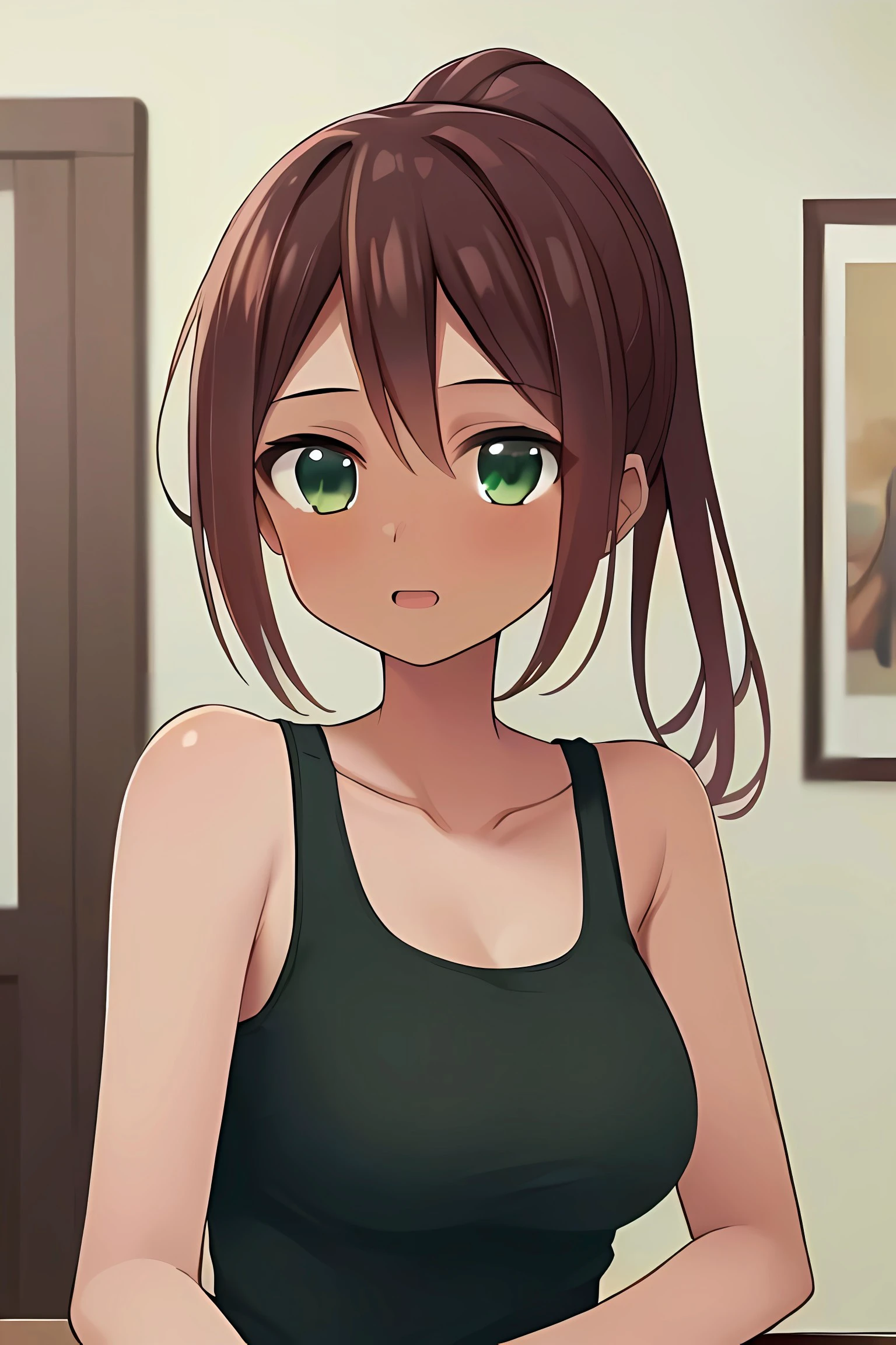 (masterpiece), (high quality:1.4, best quality:1.4), indoors, (cowboy shot:1.2) 1girl, solo focus, mature female, fukumoto ichika, dark skin, tan, brown hair, high ponytail, green eyes, white tank top, sleeveless, collarbone, bare shoulders, denim shorts, short shorts