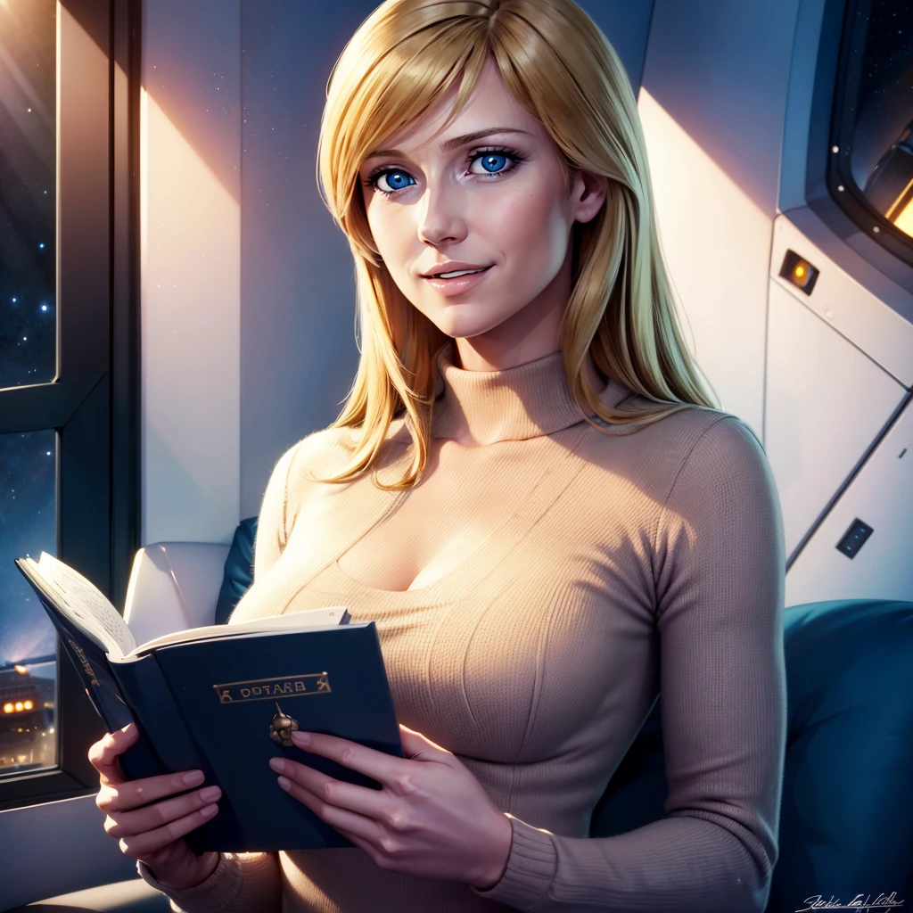 upper body, a woman reading a book near a window at a spacecraft, daylight<lora:Joan LandorLoRA:1> joan, blonde hair, with, beautiful eyes, beautiful girl, high detail skin, high detail eyes, high detail hair, highres, ultra detailed, horny smile, Highly detailed,masterpiece, best quality,