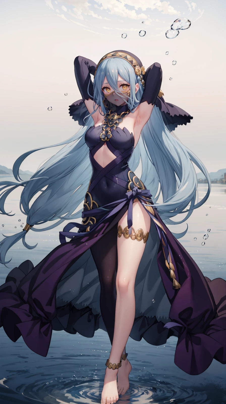 Arapei in a dress stands in the water, Anime girl walking on water, closeup fantasy with water magic, azur lane style, trending on cgstation, Anime girl cosplay, seraphine ahri kda, Splash art anime Loli, trending at cgstation, realistic water, water fairy, WLOP and Sakimichan
