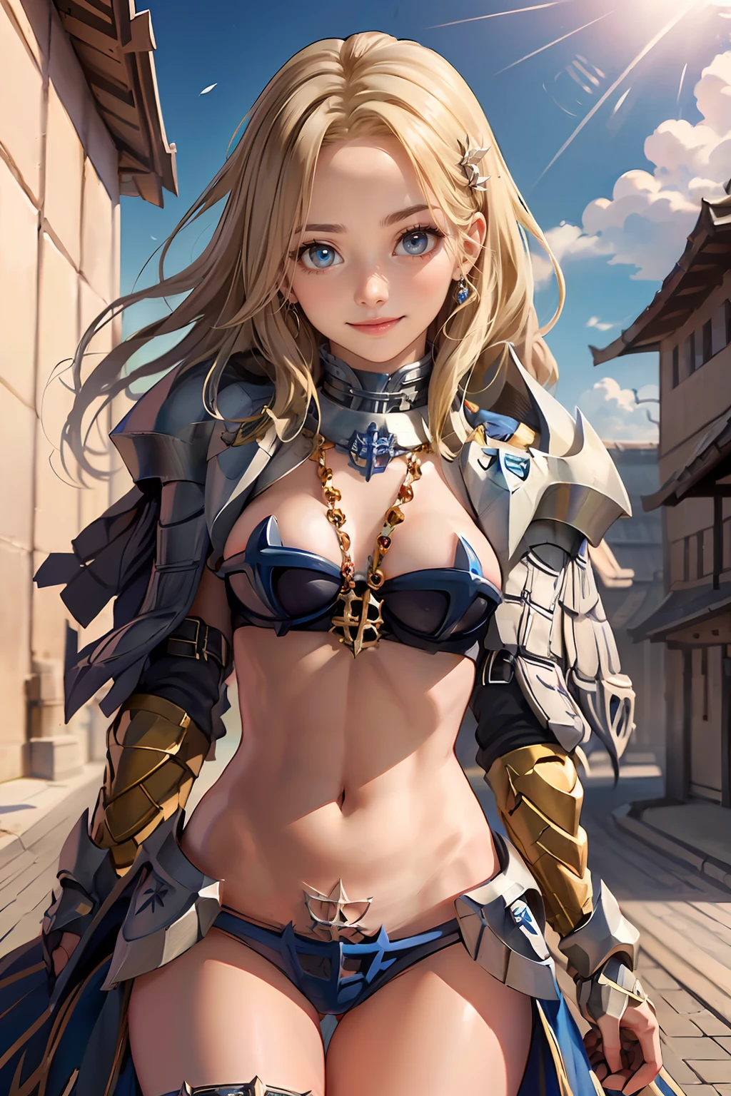 (masterpiece, best quality), 1girl, blonde hair, blue eyes, smile, ragnarok_online_rg <lora:ragnarok_online_rg-10:1>, medium shot, looking at viewer, bikini armor, royal capital, outdoor,