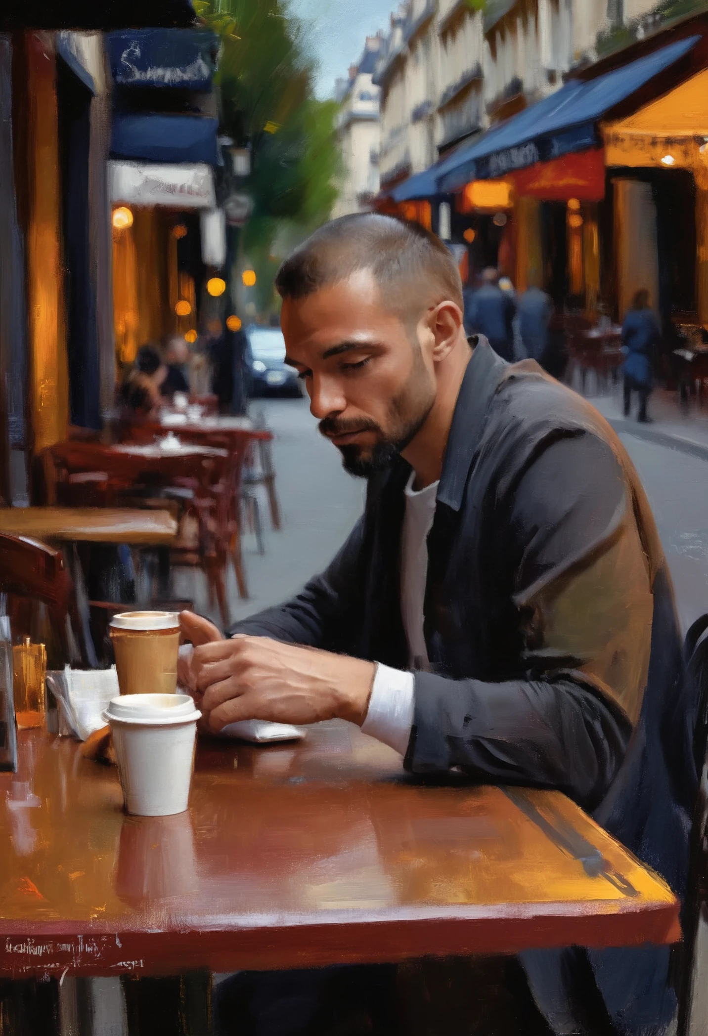 (impressionistic realism by csybgh), portrait of a man sitting at a sidewalk cafe in Paris, he is drinking a cup of coffee, he has access to highly advanced technology and is able to influence dreams, blurred lines of reality, masterpiece, 8k, impasto painting, rough brushwork