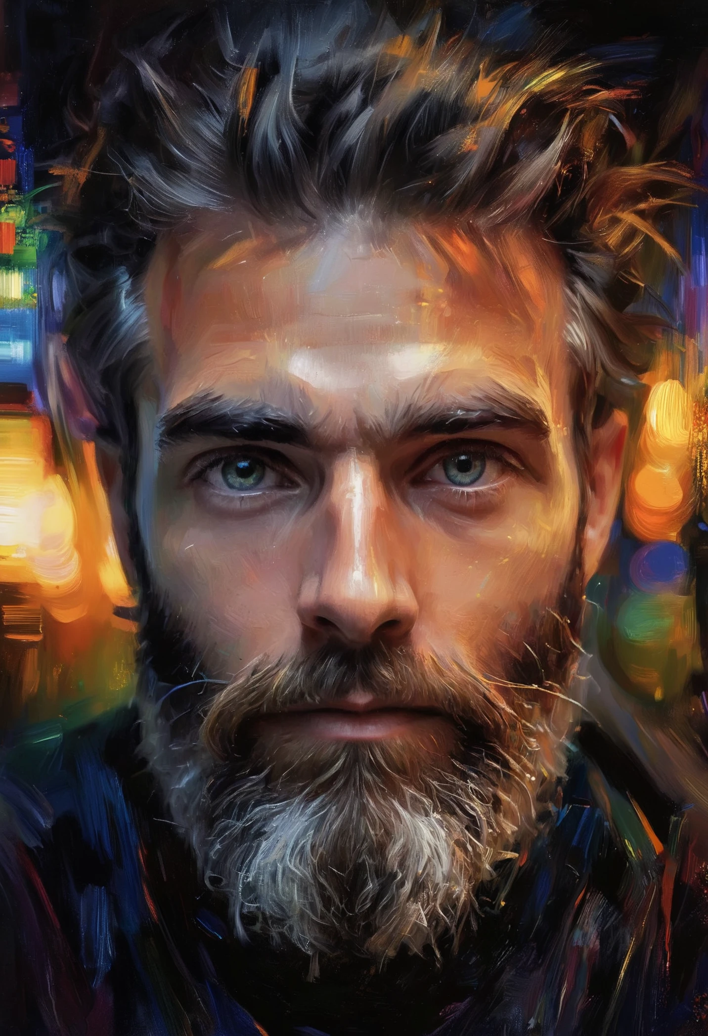 (impressionistic realism by csybgh), portrait of a software engineer, he is creating universal prosperity and freedom by creating an artificial intelligence system, he has a wild beard and hypnotic eyes, lit by computer screens, motif of digital code, masterpiece, 8k