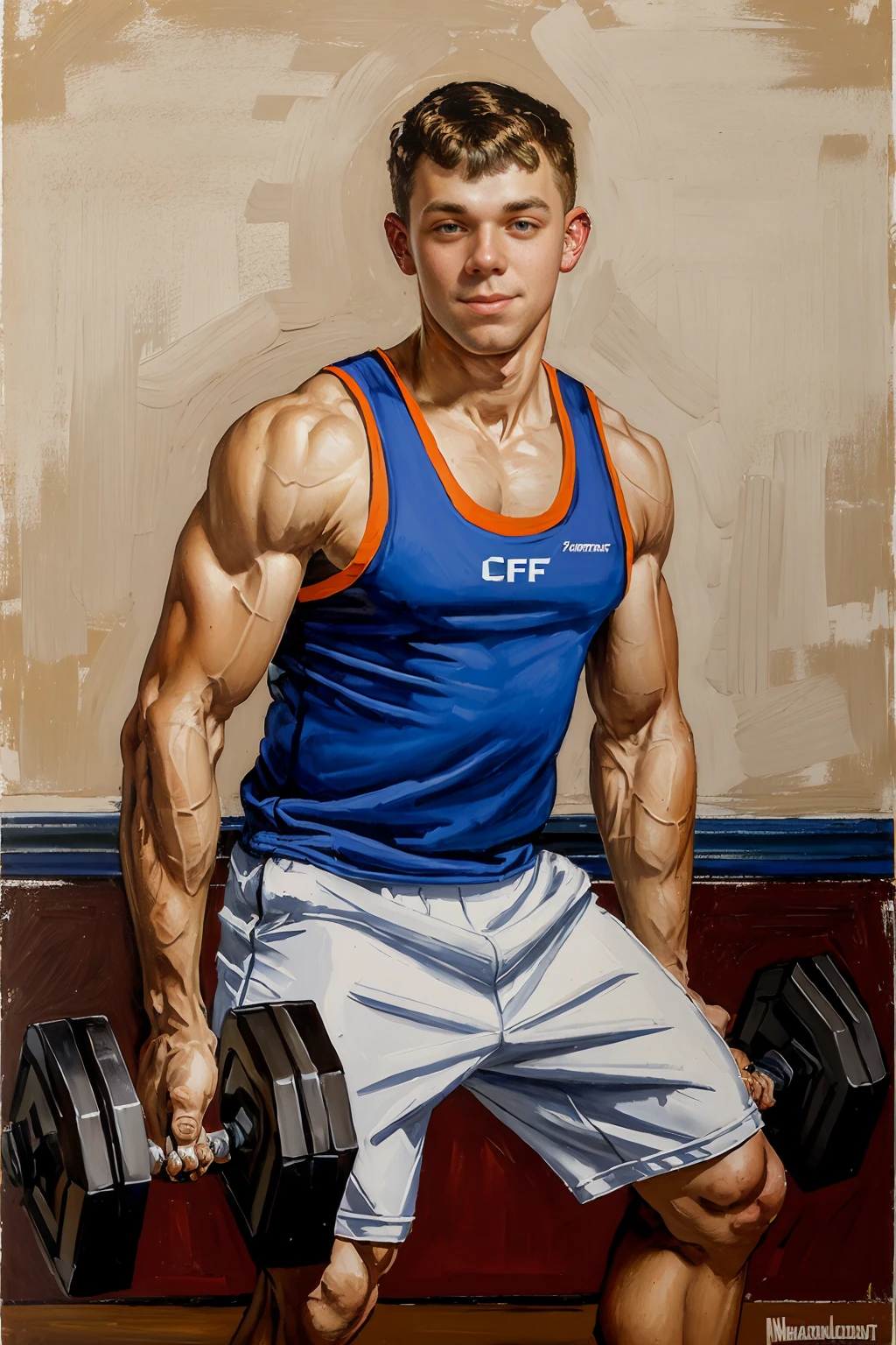 (in the style of Norman Rockwell), a gym weight room, lifting weights, dumbbell, painting of CFDawson, (age 21), slight smile, (wearing (tank top)) shorts, sneakers, ((full body portrait)), (painted by Norman Rockwell) <lora:CFDawson:0.75>