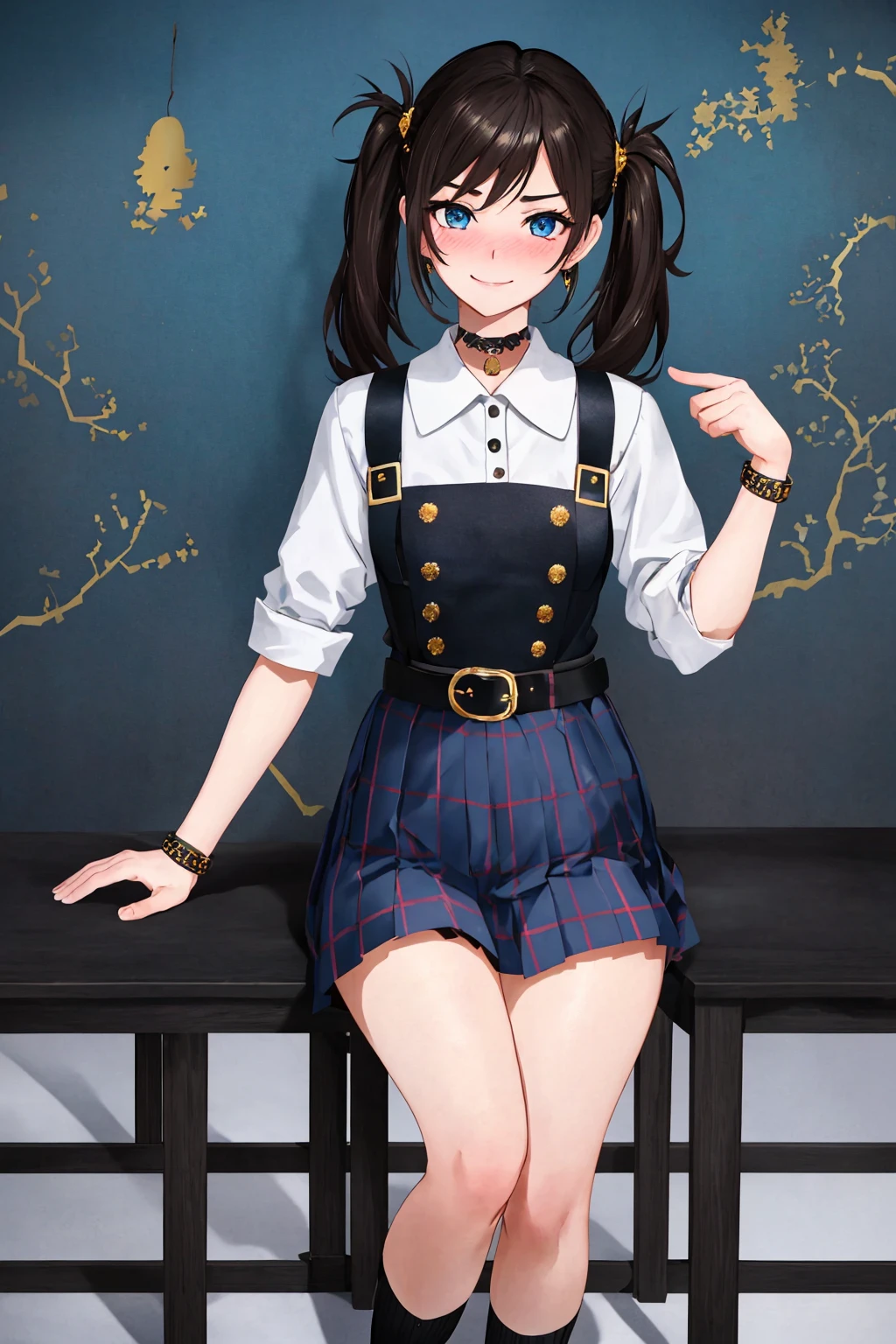 masterpiece, ultra-detailed, best quality, illustration, 8k cg wallpaper, an extremely delicate and beautiful, 1girl, solo, perfect anatomy, cute face, smiling, blushing, sparkling eyes, deep blue eyes, beautiful detailed eyes, dark brown hair, shoulder-length hair, twintails, cute hair accessories, cute earrings, cute choker, slim body, medium breasts, school uniform, perfect arms, perfect hands, perfect fingers, cute arm accessories, cute hand accessories, black belt with gold buckle, light blue plaid miniskirt, cute thigh-high stockings, perfect legs, cute, pretty, beautiful, sexy, perfect body, (background: classroom, desks, chairs, blackboard, windows, intricately detailed items in background), <lora:Tengami:1>