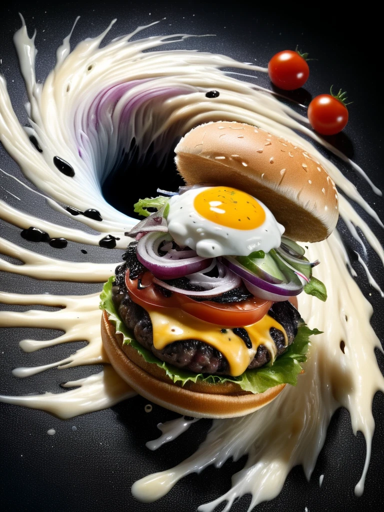 a delicious ral-blackhole burger with melting cheese tomatoes salad and onions sucked into ral-blackhole <lora:ral-blackhole:1>