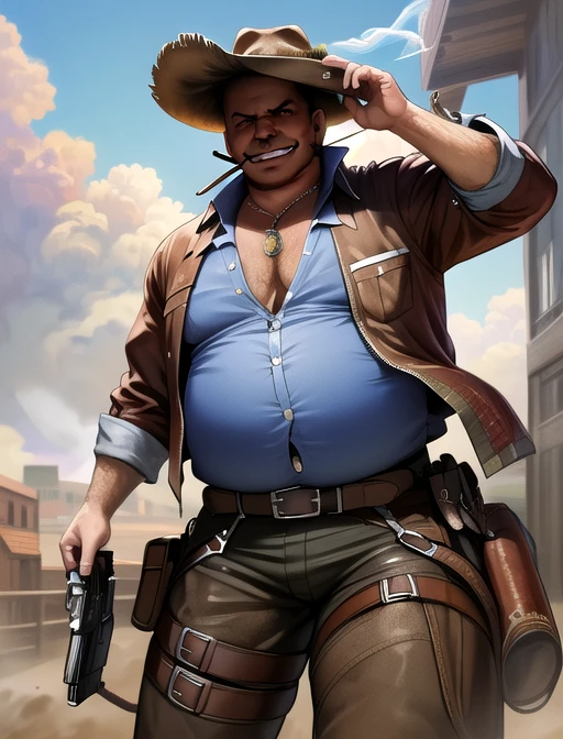 best quality, masterpiece, highres, detailed, digital artwork, <lora:Detail - add_detail:0.2>, CowboyCh, <lyco:Change - CowboyCh:0.8>, 1man, FFCorneo, cigar, cowboy hat, fat, evil smile, <lora:Character - FFCorneo:0.7>, gun, thigh holster,