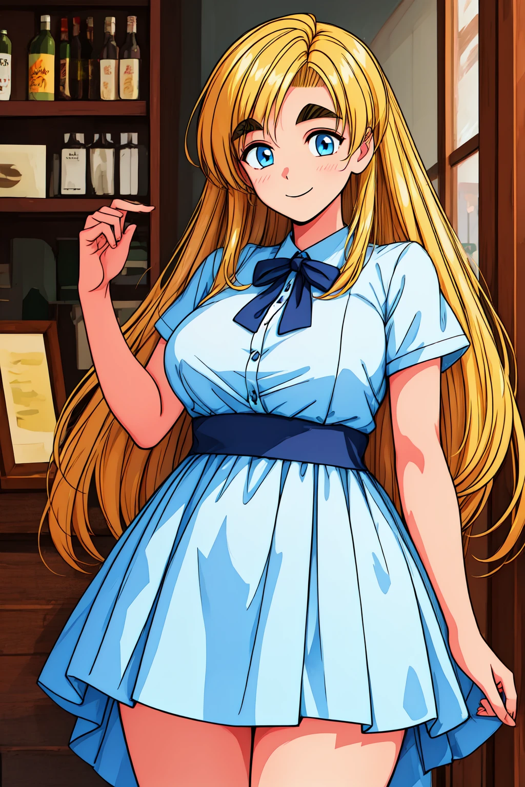 1girl, cowboy shot,  indoors, smile,  
aitoma_thirty, blue eyes, blonde hair, long hair, (thick eyebrows:1.2), dress,<lora:aitoma_thirty_lora_ver1:0.7>, best quality, masterpiece, highres, <lora:GoodHands-vanilla:1>