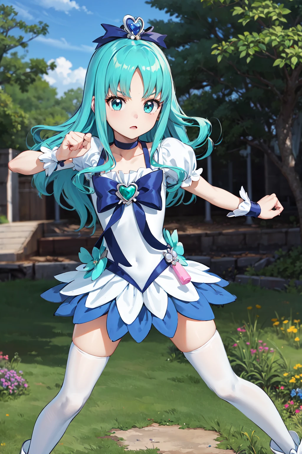 masterpiece,best quality,highres,ultra-detailed,aaerika,aqua hair,long hair,hair ornament,blue theme,magical girl,blue choker,ribbon,heart brooch,dress,white dress,short sleeves,wrist cuffs,blue skirt,thighhighs,white thighhighs,high heels,<lora:kurumi_erika:0.8>,outdoors,standing,(fighting_stance:1.2),