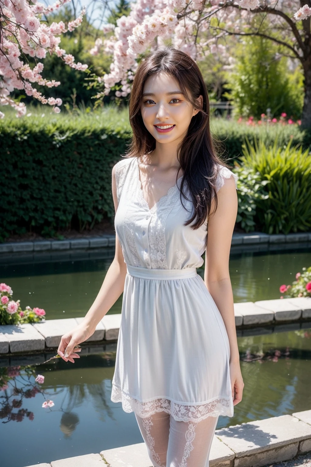 A beautiful young Korean girl, , in a park, wearing an above-knee length elegant purple sweetheart dress, cute and sweet, photorealistic, 8k, ultra-detailed, masterpiece, gorgeous colors, natural lighting, serene landscape, cinematic composition, detailed facial features, long lashes, rosy cheeks, porcelain skin, delicate features, warm smile, graceful pose, flowing dress, lush foliage, winding path, blue sky, wispy clouds, beautiful face, realistic face, realistic skin, realistic smile, realistic atmosphere, every thing is realistic, cutest smile, realistic body, realistic body language, mouth watering beauty, cute face, stylish look, stylish angles, tempting eyes, realistic hands, realistic arms, realistic hand fingers, realistic legs, bright skin, perfect body figure, round youngest breasts, beautiful soft smooth thighs, bright skin, bright body, hot figure, Slender, Navel, side bending angle, slightly open mouth, soo cute girl, tempting eyes , standing