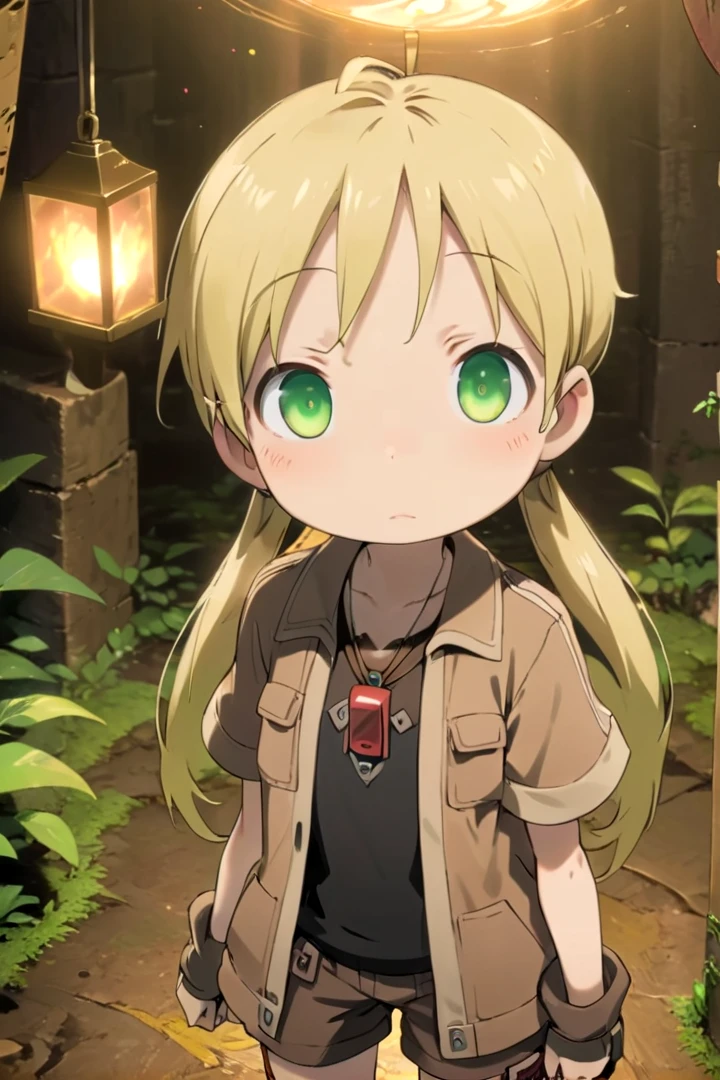 <lora:rikosdxl-000026:0.6>
a 10-year-old girl, riko,
she has blonde hair.
(green eye color), twintails
black shirt,
she is wearing a brown short-sleeved jacket,
(red whistle:1.2) as a pendant,
draw it in the style of made in abyss,
The soft lighting and detailed surroundings create an immersive environment where imagination runs wild
high quality visuals, dim Lighting, sharply focused, octane render, 8k UHD