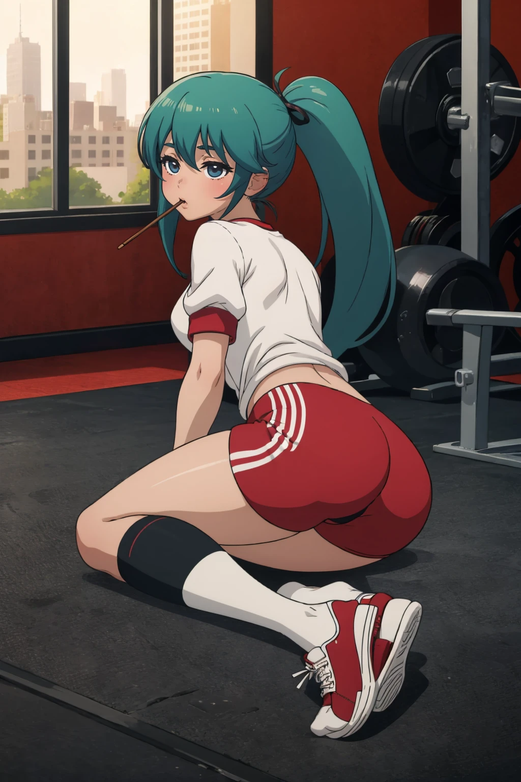 (masterpiece, best quality:1.2),  <lora:mikeinel:1>, mikeinel, 1girl, solo, red buruma, buruma, gym uniform, long hair, pocky, ponytail, green hair, very long hair, food, socks, shoes, looking back, sneakers, kneehighs