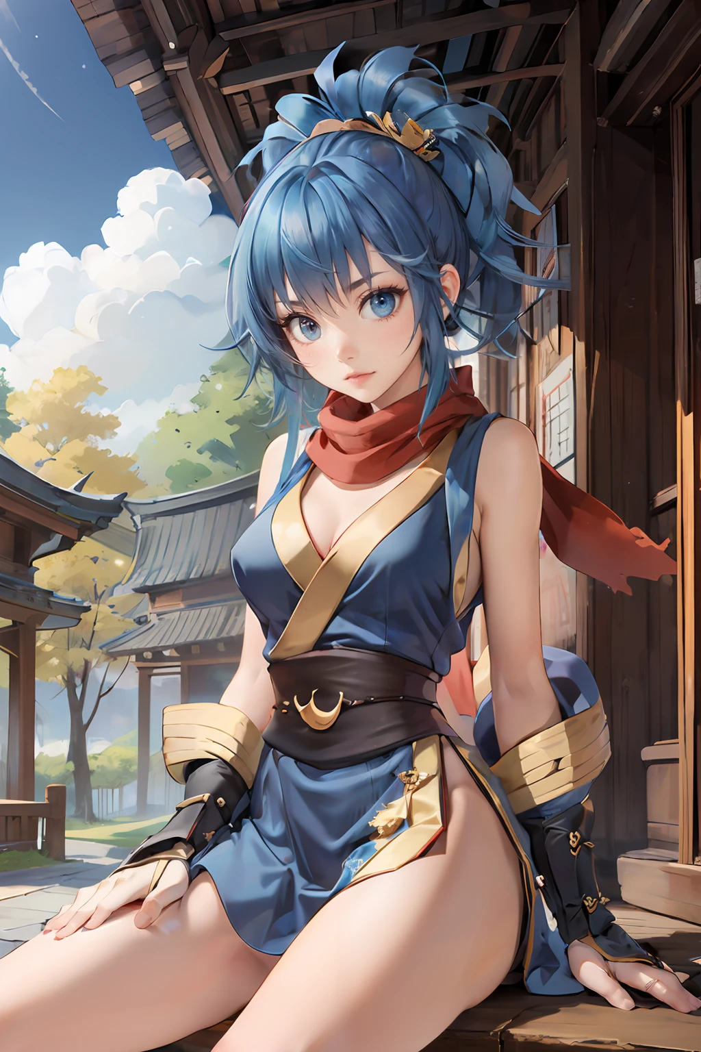 (masterpiece, best quality), 1girl, ragnarok_ninja, blue dress, red scarf, cowboy shot, sitting, crossed legs, east asian architecture background, <lora:ragnarok_ninja:1>, <lora:GoodHands-vanilla:1>