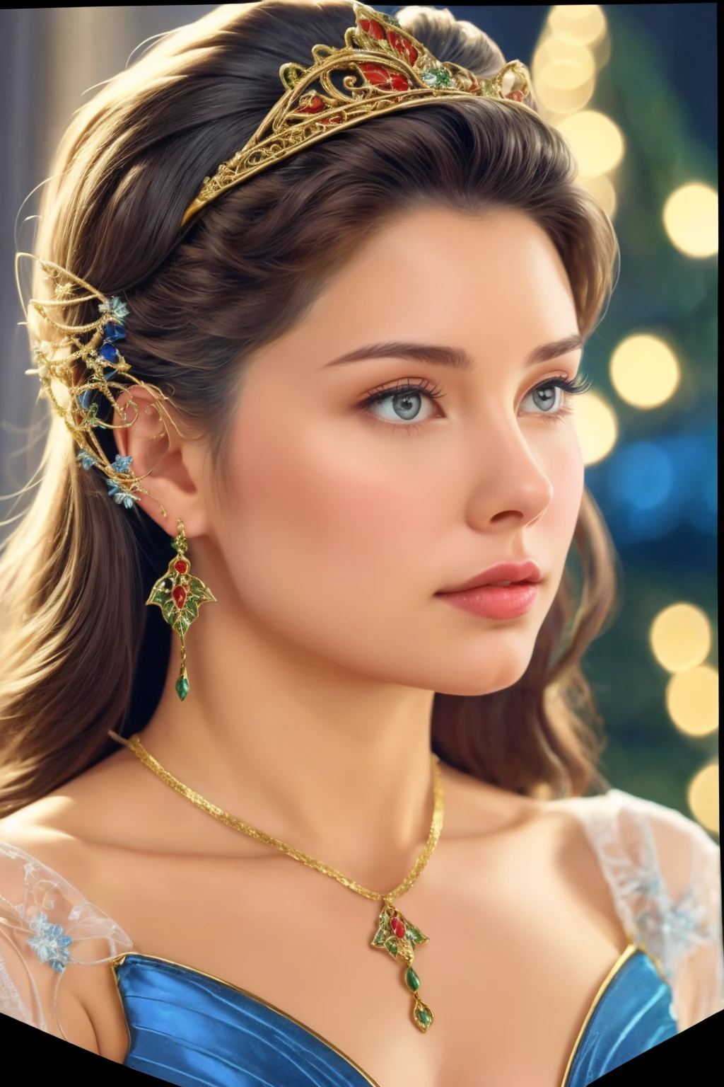 3lf3ars, close-up, 1girl, solo, adult mature woman, earrings, 30, high quality, best quality, highres, high detail , delicate , blue dress, christmas theme, ornate, standing,<lora:ElfEarCuffs-70:0.9>