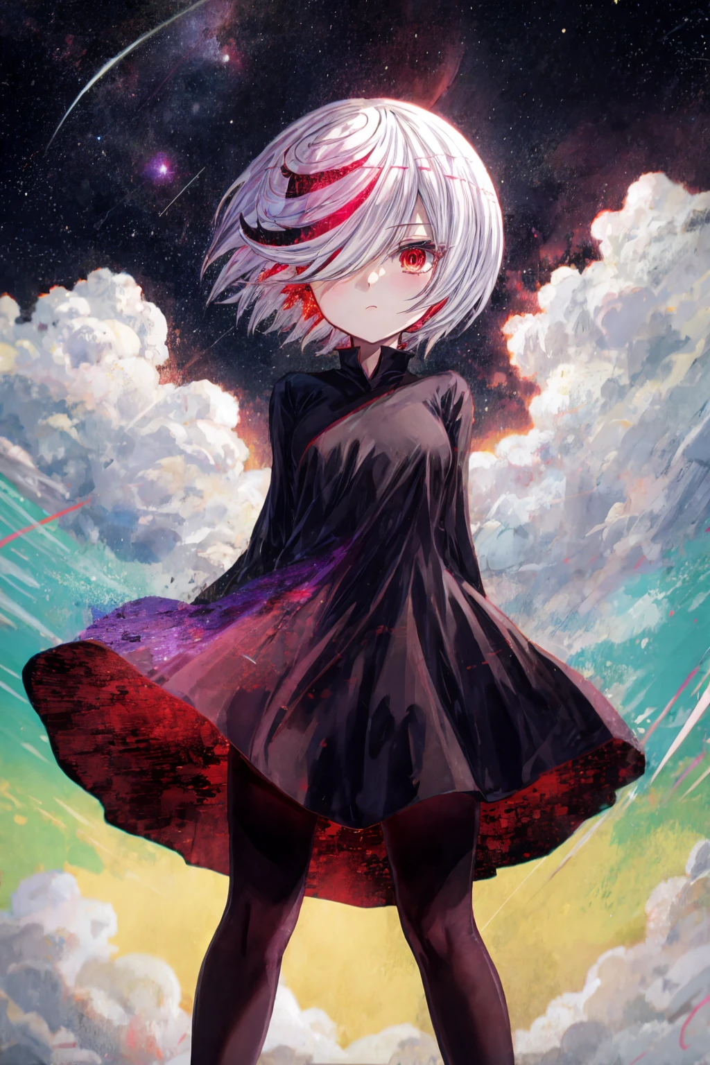 sthsage, short hair, white hair, multicolored hair, hair over one eye, red eyes, black dress, black pantyhose, floating, expressionless, arms behind back, looking at viewer, from below, cloudy, space <lora:sage-v6:1>  <lora:add_detail:1>