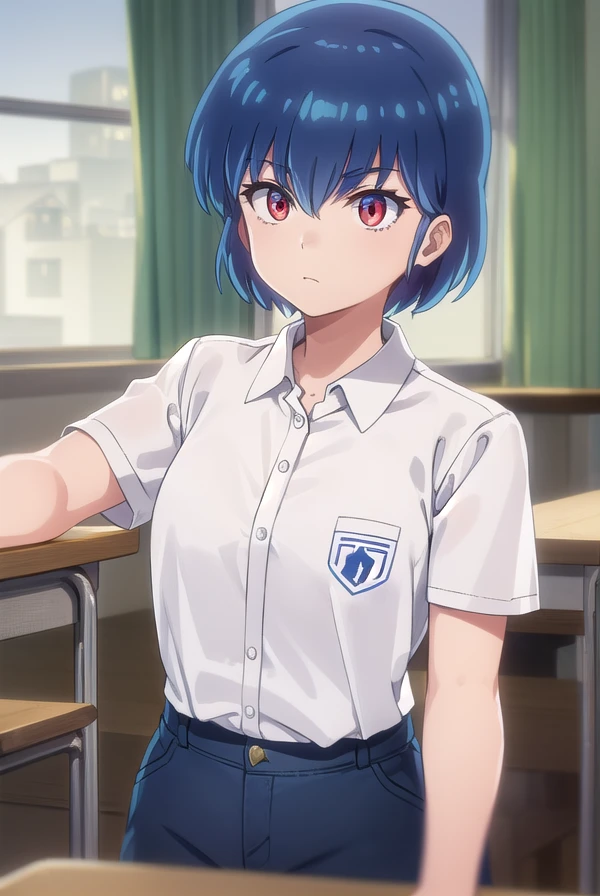 ryuunosukefujinami, <lora:ryuunosuke fujinami s1-lora-nochekaiser:1>,
ryuunosuke fujinami, short hair, blue hair, (red eyes:1.2),
BREAK shirt, school uniform, (white shirt:1.5), short sleeves, collared shirt, belt, pants,
BREAK indoors, classroom,
BREAK looking at viewer, (cowboy shot:1.5),
BREAK <lyco:GoodHands-beta2:1>, (masterpiece:1.2), best quality, high resolution, unity 8k wallpaper, (illustration:0.8), (beautiful detailed eyes:1.6), extremely detailed face, perfect lighting, extremely detailed CG, (perfect hands, perfect anatomy),